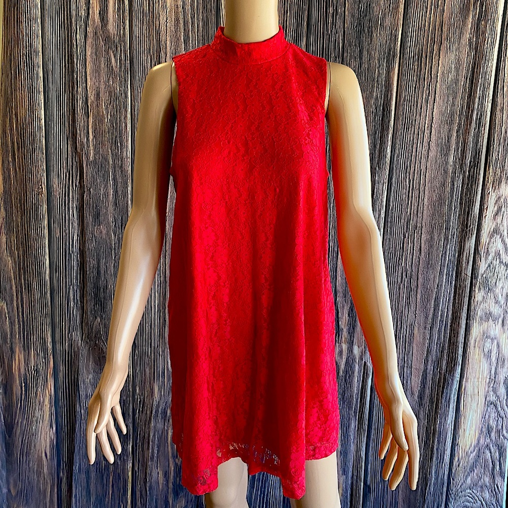 Socialite size large red floral lace halter swing turtleneck dress